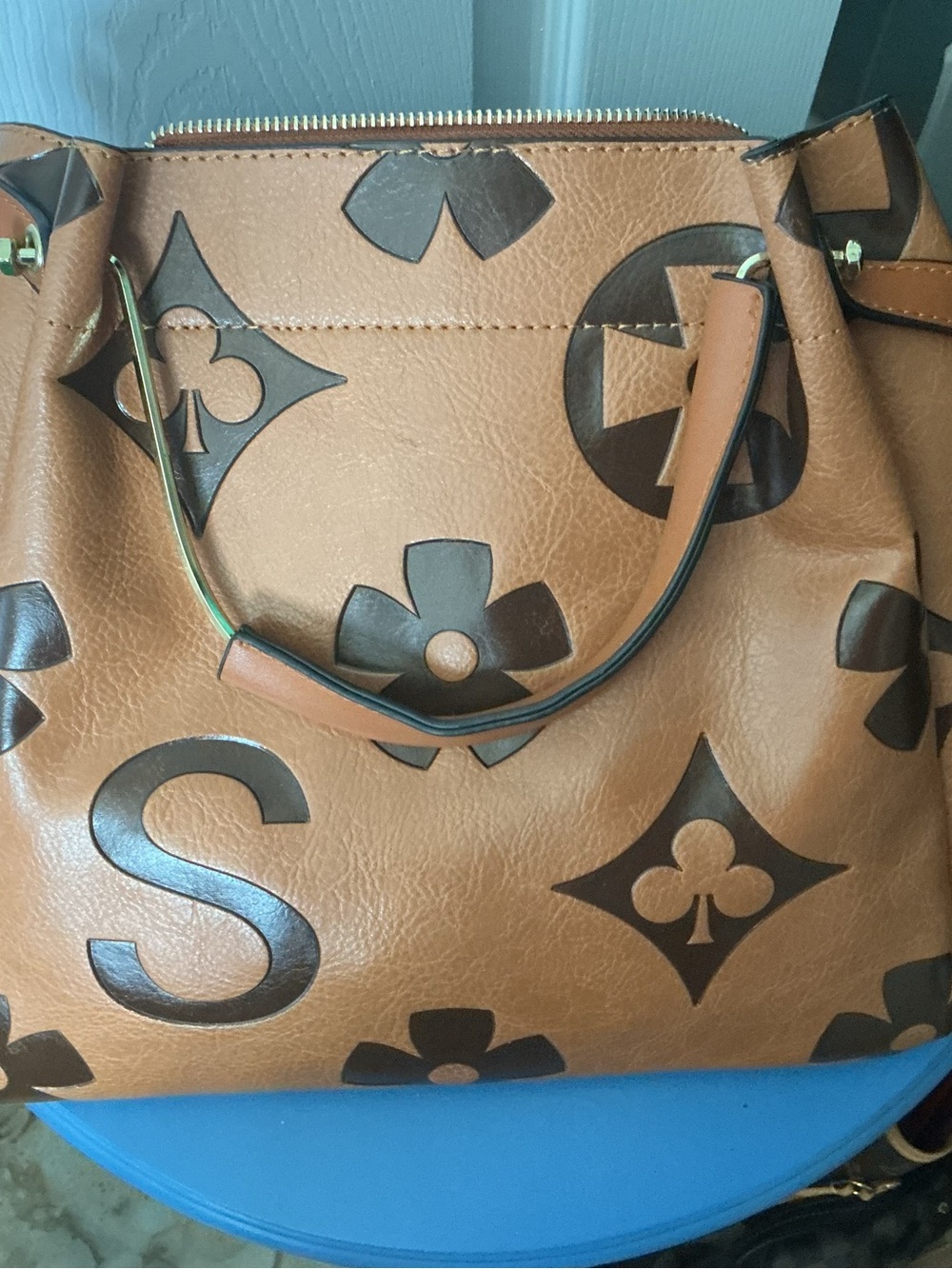 Brown Patterned Tote Bag with Dark Motifs
